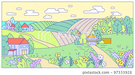 Village landscape rural view, countryside settlement area with grass field sunflower and flower, harvest crop place cartoon line vector illustration. 97333928