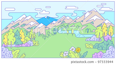 Landscape terrain view, river outdoor high mountain and national forest park woodland, hide peaceful location cartoon line vector illustration. Landscape terrain view, river outdoor high mountain and national forest park woodland, hide peaceful location cartoon line vector illustration. 97333944
