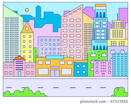 Urban large city landscape, townscape concept town road, megalopolis view cartoon line vector illustration. Cosmopolitan place. Urban large city landscape, townscape concept town road, megalopolis view cartoon line vector illustration. Cosmopolitan place. 97333950
