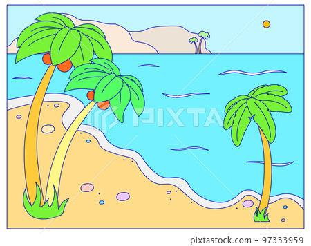 Tropical country sundown landscape, palm tree forest on ocean sand beach, calm sea relaxing place cartoon line vector illustration. Tropical country sundown landscape, palm tree forest on ocean sand beach, calm sea relaxing place cartoon line vector illustration. 97333959