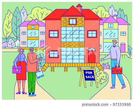 Male character realtor hold diplomat with document, lovely couple man woman watch house flat line vector illustration. Household area. Male character realtor hold diplomat with document, lovely couple man woman watch house flat line vector illustration. Household area. 97333990