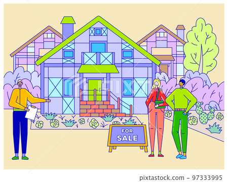 Male character realtor hold document for sale house to modern young family, couple man woman watch home flat line vector illustration. Male character realtor hold document for sale house to modern young family, couple man woman watch home flat line vector illustration. 97333995