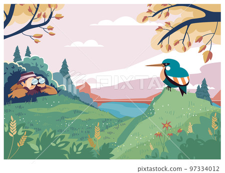 Male character naturalist watch bird outdoor forest, man hide with binoculars bush observe wild woodland poultry cartoon vector illustration. Male character naturalist watch bird outdoor forest, man hide with binoculars bush observe wild woodland poultry cartoon vector illustration. 97334012