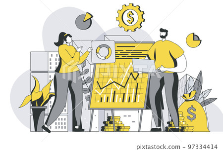 Financial management concept with outline people scene. Man and woman counting data and analyzing budget, studying statistics and reports. Vector illustration in flat line design for web template 97334414