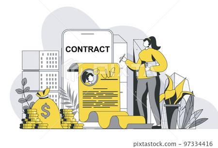 Electronic contract concept with outline people scene. Woman signing electronic agreements with digital signature, making business deal online. Vector illustration in flat line design for web template Electronic contract concept with outline people scene. Woman signing electronic agreements with digital signature, making business deal online. Vector illustration in flat line design for web template 97334416