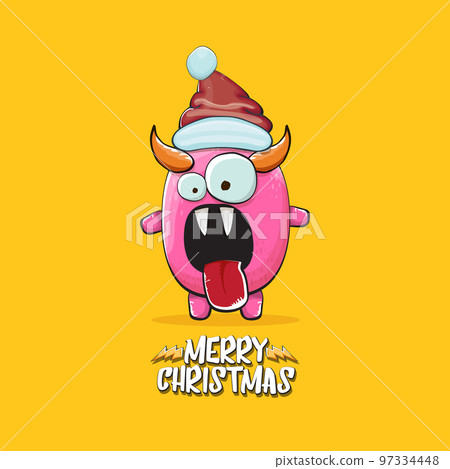 Vector cartoon funky pink monster with Santa Claus red hat isolated on orange background with snowflakes. Childrens Merry Christmas greeting card with funny monster minion elf Santa Claus. Vector cartoon funky pink monster with Santa Claus red hat isolated on orange background with snowflakes. Childrens Merry Christmas greeting card with funny monster minion elf Santa Claus. 97334448