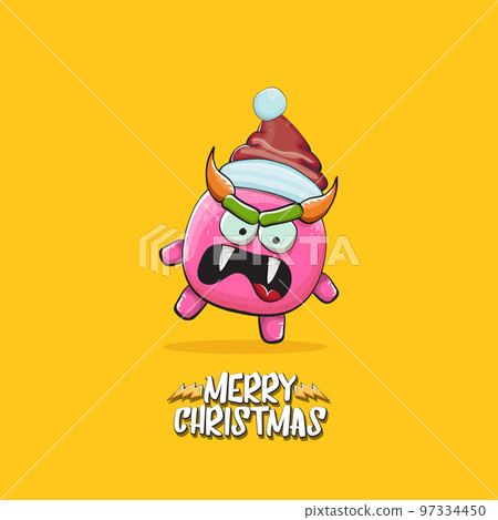 Vector cartoon funky pink monster with Santa Claus red hat isolated on orange background with snowflakes. Childrens Merry Christmas greeting card with funny monster minion elf Santa Claus. Vector cartoon funky pink monster with Santa Claus red hat isolated on orange background with snowflakes. Childrens Merry Christmas greeting card with funny monster minion elf Santa Claus. 97334450