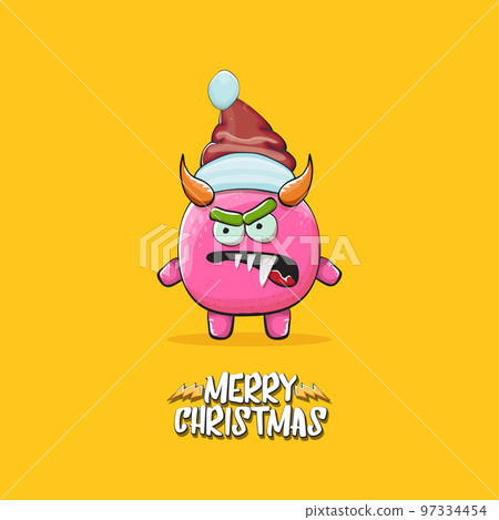 Vector cartoon funky pink monster with Santa Claus red hat isolated on orange background with snowflakes. Childrens Merry Christmas greeting card with funny monster minion elf Santa Claus. Vector cartoon funky pink monster with Santa Claus red hat isolated on orange background with snowflakes. Childrens Merry Christmas greeting card with funny monster minion elf Santa Claus. 97334454