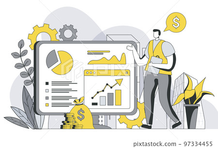 Business statistic concept with outline people scene. Man analyzes data and financial report, shows presentation and does market research. Vector illustration in flat line design for web template Business statistic concept with outline people scene. Man analyzes data and financial report, shows presentation and does market research. Vector illustration in flat line design for web template 97334455