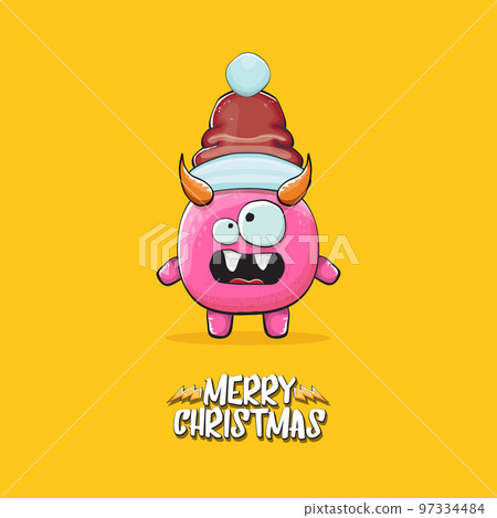 Vector cartoon funky pink monster with Santa Claus red hat isolated on orange background with snowflakes. Childrens Merry Christmas greeting card with funny monster minion elf Santa Claus. 97334484