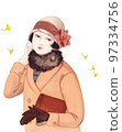 Taisho Roman Showa Retro Girl with ginkgo leaf and ribbon hat 97334756