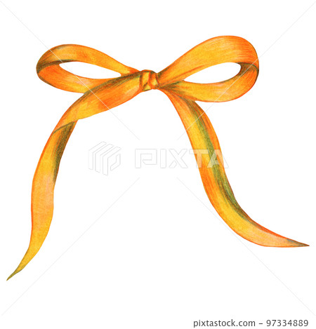 Christmas Yellow Bow Isolated on White Background. Symbol of Happy New Year, Xmas Holiday celebration, Winter. Hand-drawn Ribbon Pencil Illustration. 97334889