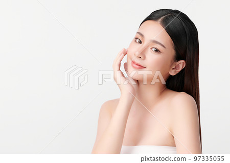 Beautiful young asian woman with clean fresh skin on white background, Face care, Facial treatment, Cosmetology, beauty and spa, Asian women portrait. Beautiful young asian woman with clean fresh skin on white background, Face care, Facial treatment, Cosmetology, beauty and spa, Asian women portrait. 97335055