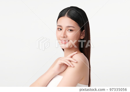 Beautiful young asian woman with clean fresh skin on white background, Face care, Facial treatment, Cosmetology, beauty and spa, Asian women portrait. Beautiful young asian woman with clean fresh skin on white background, Face care, Facial treatment, Cosmetology, beauty and spa, Asian women portrait. 97335056
