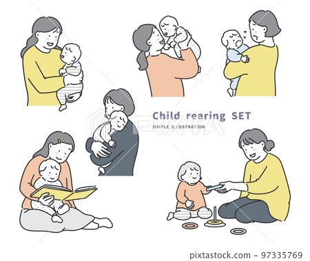 A set of illustration materials of a baby and mother during parenting 97335769