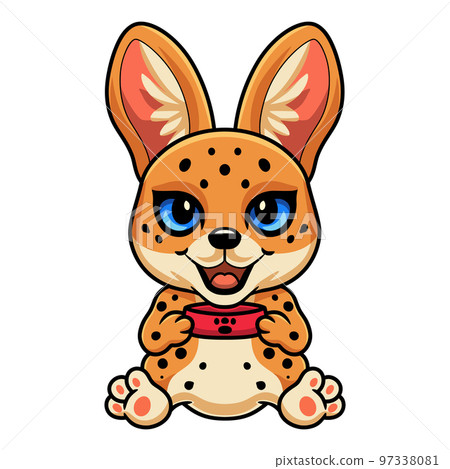 Cute serval cat cartoon holding food bowl Cute serval cat cartoon holding food bowl 97338081
