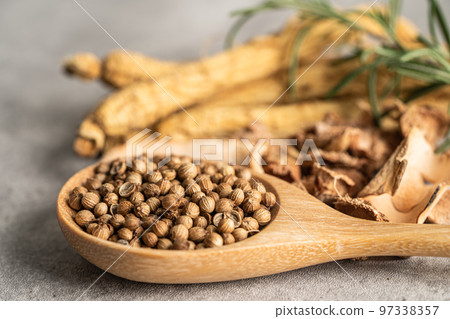 Coriander and siam cardamom, Amomum krervanh Pierre, Asia dried spices herb for drug and Thai cooking for good health. 97338357