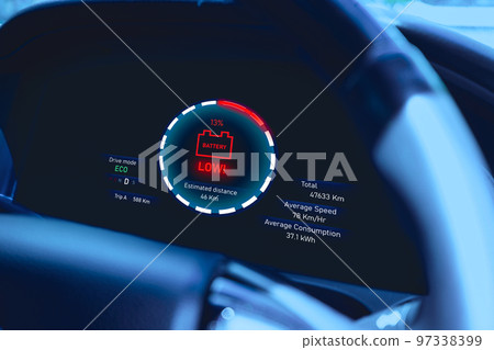 Low battery warning light on instrument panel of EV electric vehicle Low battery warning light on instrument panel of EV electric vehicle 97338399
