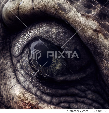 Close-up of the creepy eye of a huge monster. The eye of a dinosaur or other ancient animal. Generative AI Art. 97338562