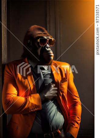 Portrait of a happy business gorilla. Business gorilla in a stylish orange suit. Generative AI Art. 97338571