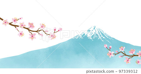 Japanese-style background material Watercolor-style Mt. Fuji and cherry blossom branch White background Japanese-style background material Watercolor-style Mt. Fuji and cherry blossom branch White background 97339312