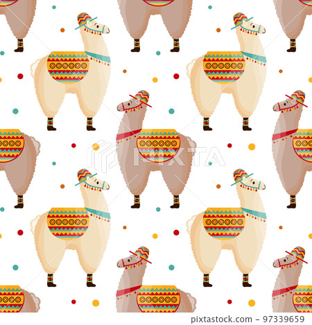 Seamless pattern, cute llamas in a hat with a saddle, mexican alpaca. Background, print, children's textile, vector Seamless pattern, cute llamas in a hat with a saddle, mexican alpaca. Background, print, children's textile, vector 97339659