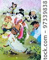 Auspicious painting Seven Lucky Gods playing with wild rabbits at cherry blossom viewing 97339838