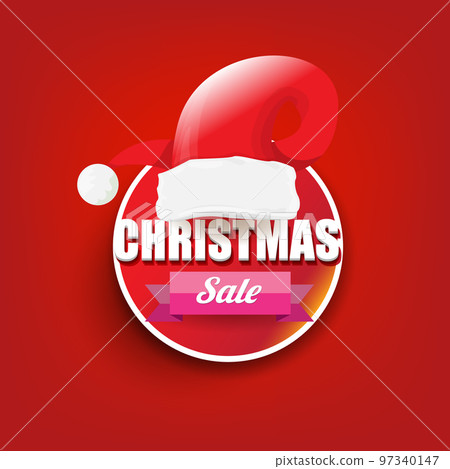 vector Christmas sales paper banner or tag label with red santa hat on classic red christmas background. Red winter Christmas sale poster, banner, social media post design template and background 97340147