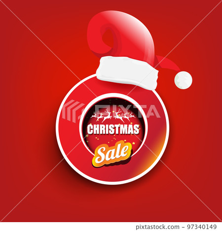 vector Christmas sales paper banner or tag label with red santa hat on classic red christmas background. Red winter Christmas sale poster, banner, social media post design template and background 97340149