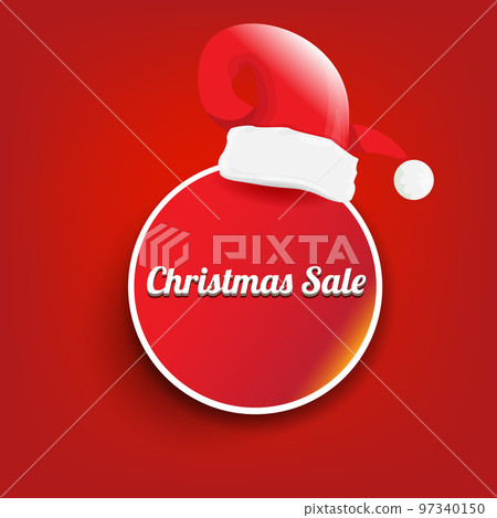 vector Christmas sales paper banner or tag label with red santa hat on classic red christmas background. Red winter Christmas sale poster, banner, social media post design template and background 97340150