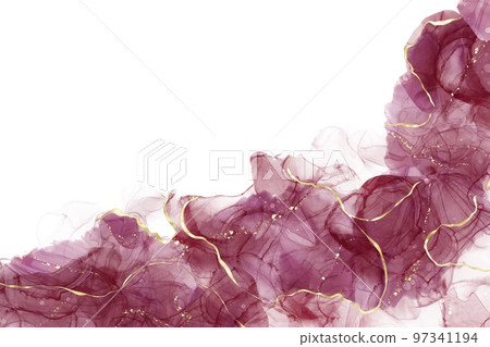 白色背景酒精水墨藝術抽像模板）紅色水彩波浪上的金色閃光 97341194