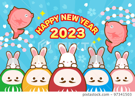 New Year's card of rabbit and five-colored Daruma _ Blue New Year's card of rabbit and five-colored Daruma _ Blue 97341503