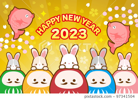 Rabbit and five-colored Daruma New Year's card _ gold 97341504