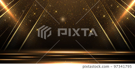 Elegant golden scene diagonal glowing with lighting effect sparkle on black background. Template premium award design. Elegant golden scene diagonal glowing with lighting effect sparkle on black background. Template premium award design. 97341795