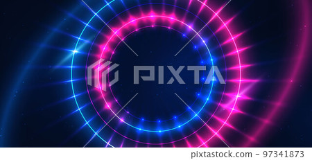 Abstract technology futuristic neon circle glowing blue and pink  light lines with speed motion blur effect on dark blue background. 97341873