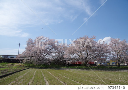 Uzen-Takamatsu Station on the Aterazawa Line The 100th anniversary issue of the Aterazawa Line passing through the station with cherry blossoms in full bloom 97342140
