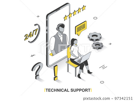 Technical support concept in 3d isometric outline design. Client writes chat to customer service operator, receives advice and solves problems, line web template. Vector illustration with people scene 97342151