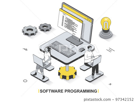 Software programming concept in 3d isometric outline design. Development team programs, tests and optimizes computer programs, works in office, line web template. Vector illustration with people scene Software programming concept in 3d isometric outline design. Development team programs, tests and optimizes computer programs, works in office, line web template. Vector illustration with people scene 97342152