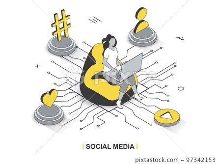 Social media concept in 3d isometric outline design. Woman browses on laptop, creates profile, watches video content, likes and shares posts, line web template. Vector illustration with people scene 97342153