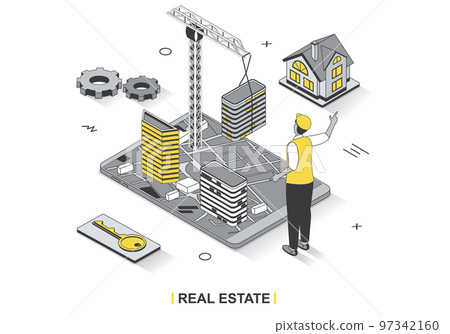 Real estate business concept in 3d isometric outline design. Builder creates skyscrapers and houses for sale and investment, buying property, line web template. Vector illustration with people scene Real estate business concept in 3d isometric outline design. Builder creates skyscrapers and houses for sale and investment, buying property, line web template. Vector illustration with people scene 97342160