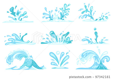 Water with splashes and drops set isolated elements. Bundle of fresh and clean aqua, pure and blue water, ocean waves and liquid with different shapes. Vector illustration in flat cartoon design. 97342181