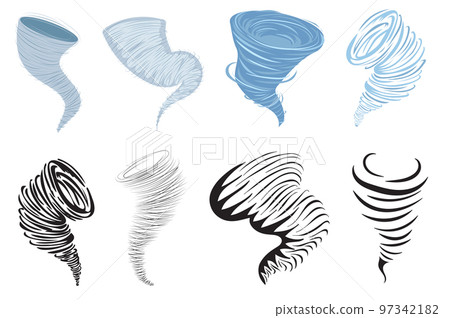 Tornado and hurricanes set isolated elements. Bundle of weather cataclysm symbols and power whirlpool effects in swirl, funnel, twirl and other shapes. Vector illustration in flat cartoon design. Tornado and hurricanes set isolated elements. Bundle of weather cataclysm symbols and power whirlpool effects in swirl, funnel, twirl and other shapes. Vector illustration in flat cartoon design. 97342182