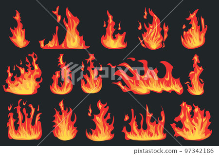 Hot flaming fires different shapes set isolated elements. Bundle of bright red and orange flame effects. Heat energy and power. Campfire and wildfire. Vector illustration in flat cartoon design. Hot flaming fires different shapes set isolated elements. Bundle of bright red and orange flame effects. Heat energy and power. Campfire and wildfire. Vector illustration in flat cartoon design. 97342186