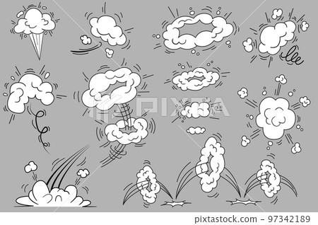 Bang and cloud explosions in comic style set isolated elements. Bundle of smoke effects frames with splashes and curve moving to express energy of motion. Vector illustration in flat cartoon design. Bang and cloud explosions in comic style set isolated elements. Bundle of smoke effects frames with splashes and curve moving to express energy of motion. Vector illustration in flat cartoon design. 97342189