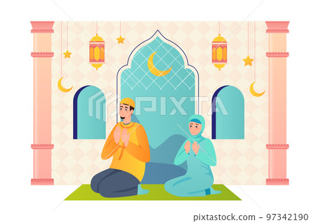 Muslim family praying at mosque in Ramadan flat concept people scene. Islamic couple sitting indoor in mosque. Man in traditional clothes and woman in hijab. Vector illustration for web banner design Muslim family praying at mosque in Ramadan flat concept people scene. Islamic couple sitting indoor in mosque. Man in traditional clothes and woman in hijab. Vector illustration for web banner design 97342190