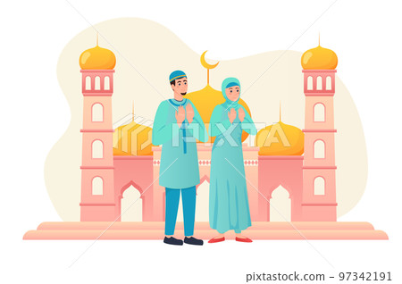Muslim family celebrating Ramadan flat concept people scene. Islamic couple going to mosque to praying in holy month. Man and woman in traditional clothes. Vector illustration for web banner design Muslim family celebrating Ramadan flat concept people scene. Islamic couple going to mosque to praying in holy month. Man and woman in traditional clothes. Vector illustration for web banner design 97342191
