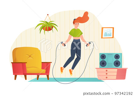 Sport training at home flat concept people scene. Woman jumping rope and does cardio workout in room. Young girl doing aerobics and athletic exercising. Vector illustration for web banner design Sport training at home flat concept people scene. Woman jumping rope and does cardio workout in room. Young girl doing aerobics and athletic exercising. Vector illustration for web banner design 97342192