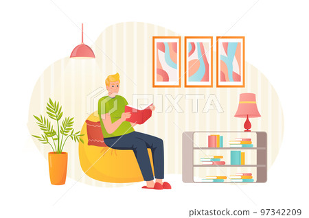 Young guy reading books flat concept people scene. Man reads novel while sitting in armchair in cozy room. Student studying textbook and preparing to exam. Vector illustration for web banner design Young guy reading books flat concept people scene. Man reads novel while sitting in armchair in cozy room. Student studying textbook and preparing to exam. Vector illustration for web banner design 97342209
