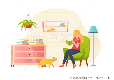 Young girl reading books flat concept people scene. Woman reads novel while sitting in comfortable chair near cat in cozy room. Student studying textbook. Vector illustration for web banner design Young girl reading books flat concept people scene. Woman reads novel while sitting in comfortable chair near cat in cozy room. Student studying textbook. Vector illustration for web banner design 97342210