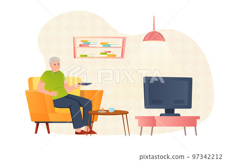 Elderly man watching TV at home flat concept people scene. Pensioner sits on armchair and switches channels. Grandfather enjoying movie in living room. Vector illustration for web banner design Elderly man watching TV at home flat concept people scene. Pensioner sits on armchair and switches channels. Grandfather enjoying movie in living room. Vector illustration for web banner design 97342212